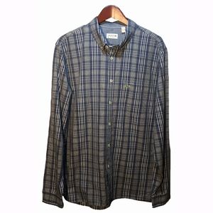 Lacoste Plaid Blue White Cotton Shirt Men Size XL